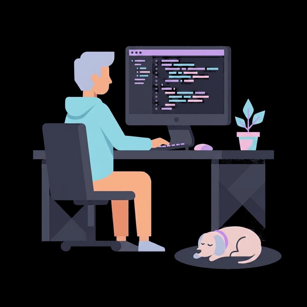 An image of a guy coding with his dog beside him